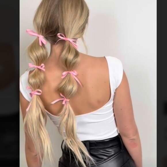 Pack of 8 PINK ribbons with hair bands to create bubble braids - PINK - NEW - Picture 1 of 6